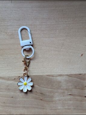 White Daisy Enamel Keychain Charm with Gold Trim